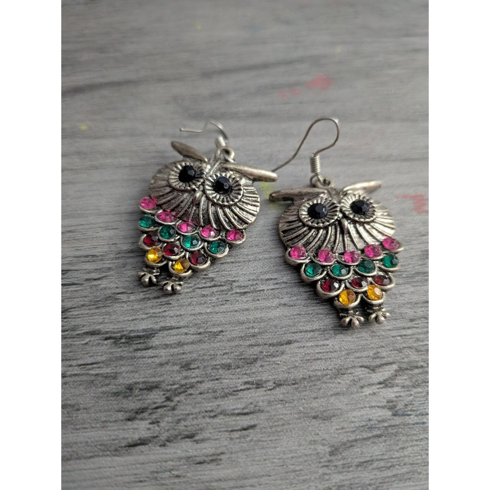Silver Tone Owl Drop Earrings Multi Color Rhinestone Boho Whimsical Jewelry